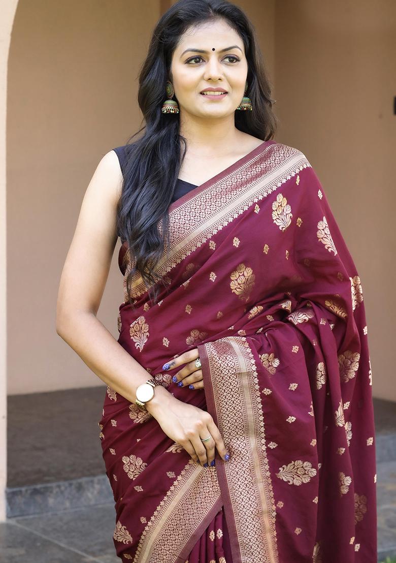 Wine Embroidered Silk Saree Set