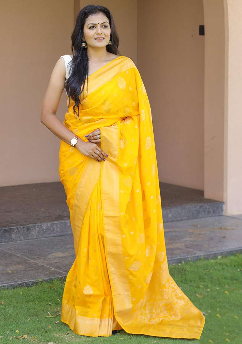 Yellow Embroidered Silk Blend Saree Set for Diwali and Festive Wear - Indya