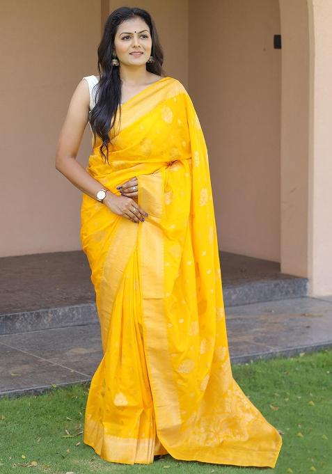 Yellow Embroidered Silk Saree Set