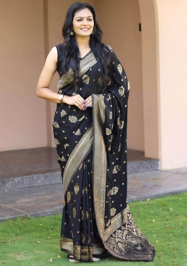 Black Embroidered Silk Blend Saree Set for Diwali and Festive Wear - Indya