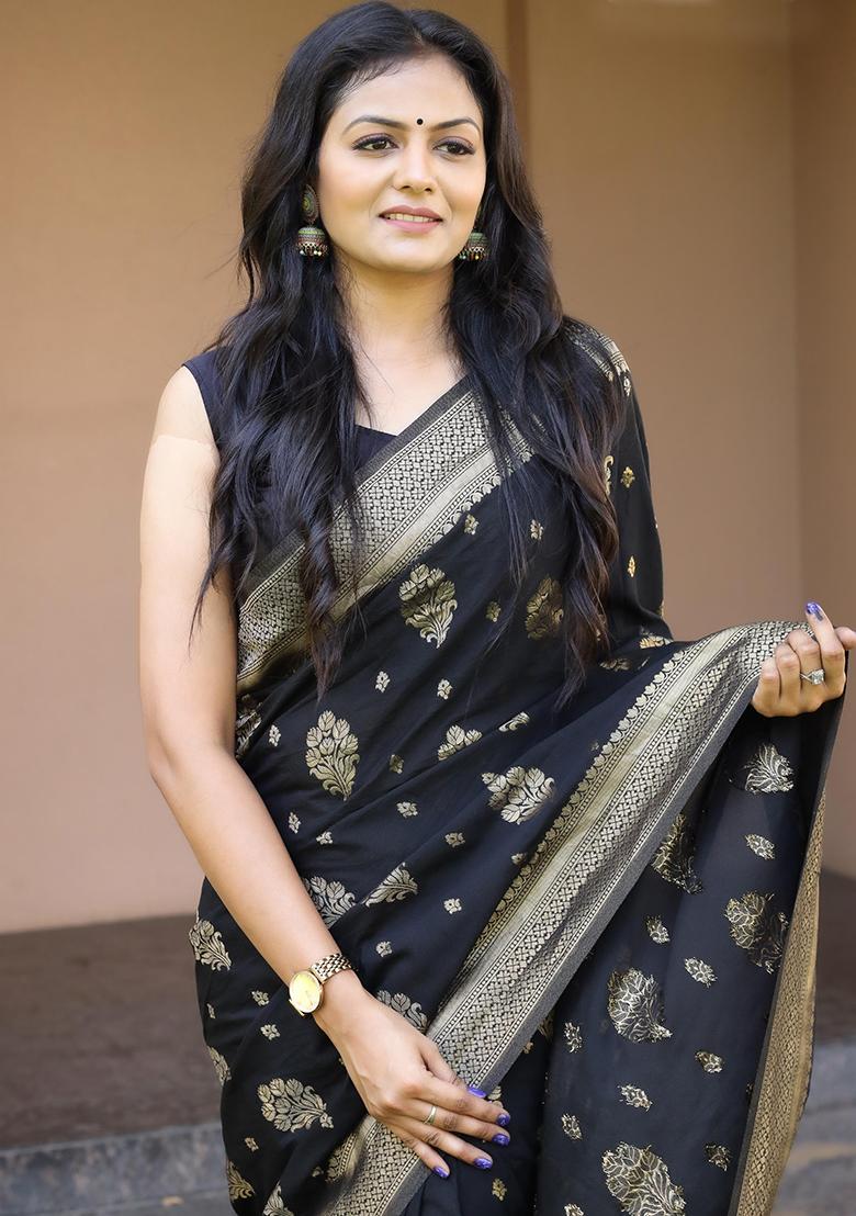 Black Embroidered Silk Saree Set