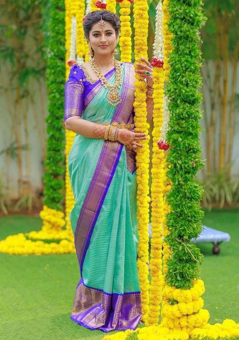 Light Blue Embroidered Silk Blend Saree Set for Diwali and Festive Wear - Indya