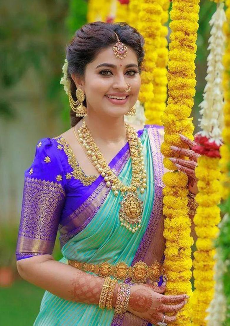 Light Blue Embroidered Silk Saree Set