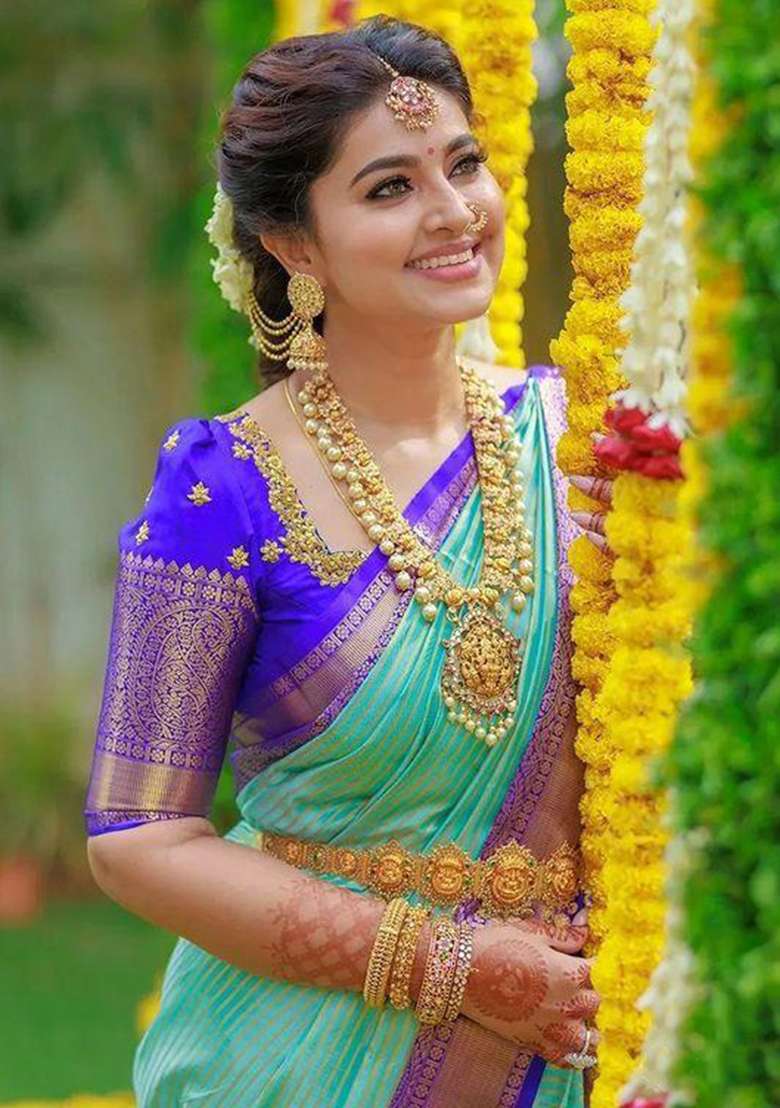 Light Blue Embroidered Silk Blend Saree Set for Diwali and Festive Wear - Indya