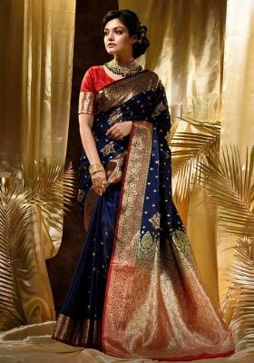 Blue Embroidered Silk Saree Set
