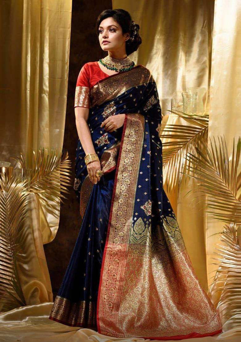 Blue Embroidered Silk Blend Saree Set for Diwali and Festive Wear - Indya