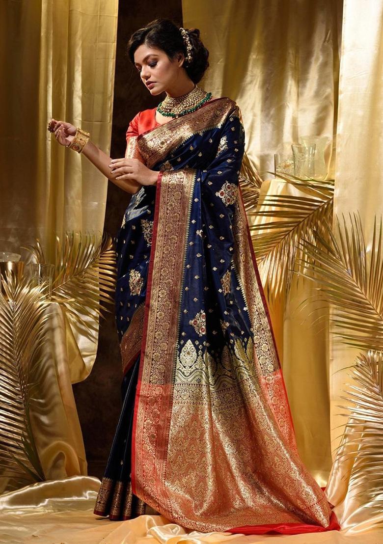 Blue Embroidered Silk Saree Set