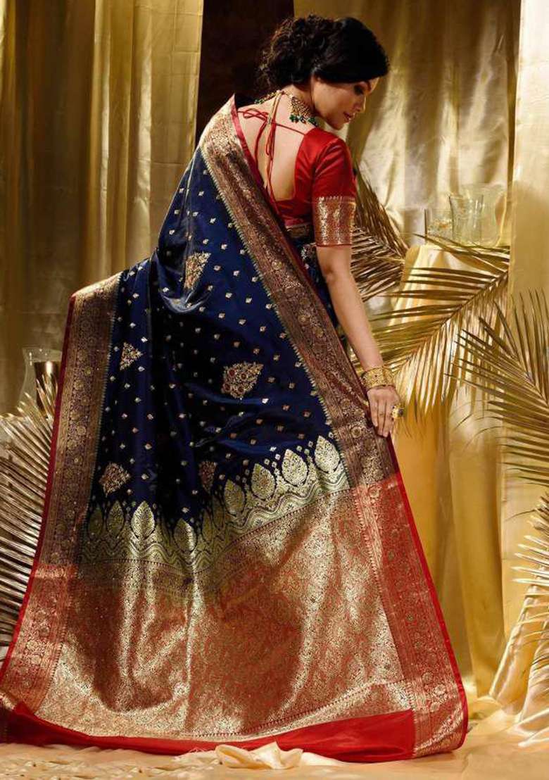 Blue Embroidered Silk Blend Saree Set for Diwali and Festive Wear - Indya