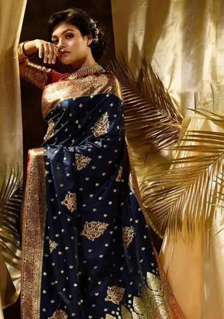 Blue Embroidered Silk Saree Set