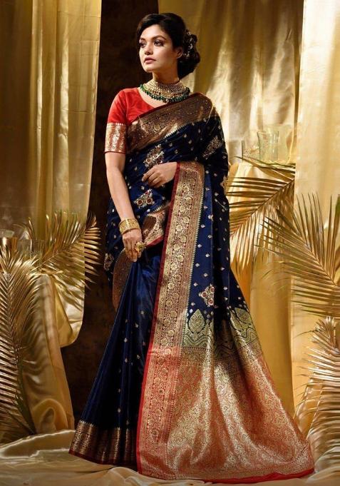 Blue Embroidered Silk Saree Set