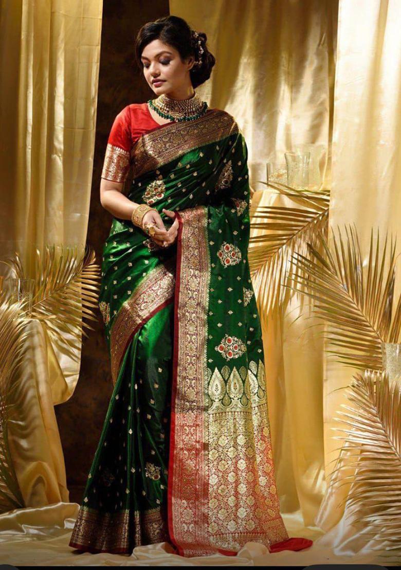 Green Embroidered Silk Saree Set