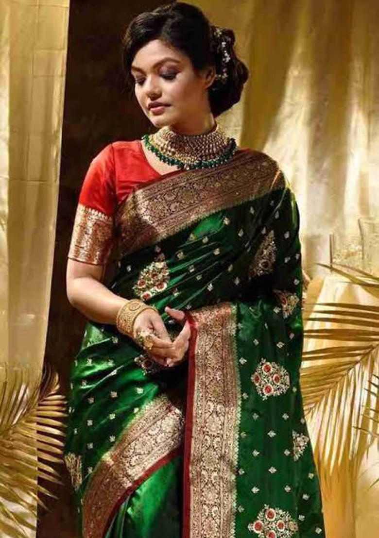 Green Embroidered Silk Saree Set
