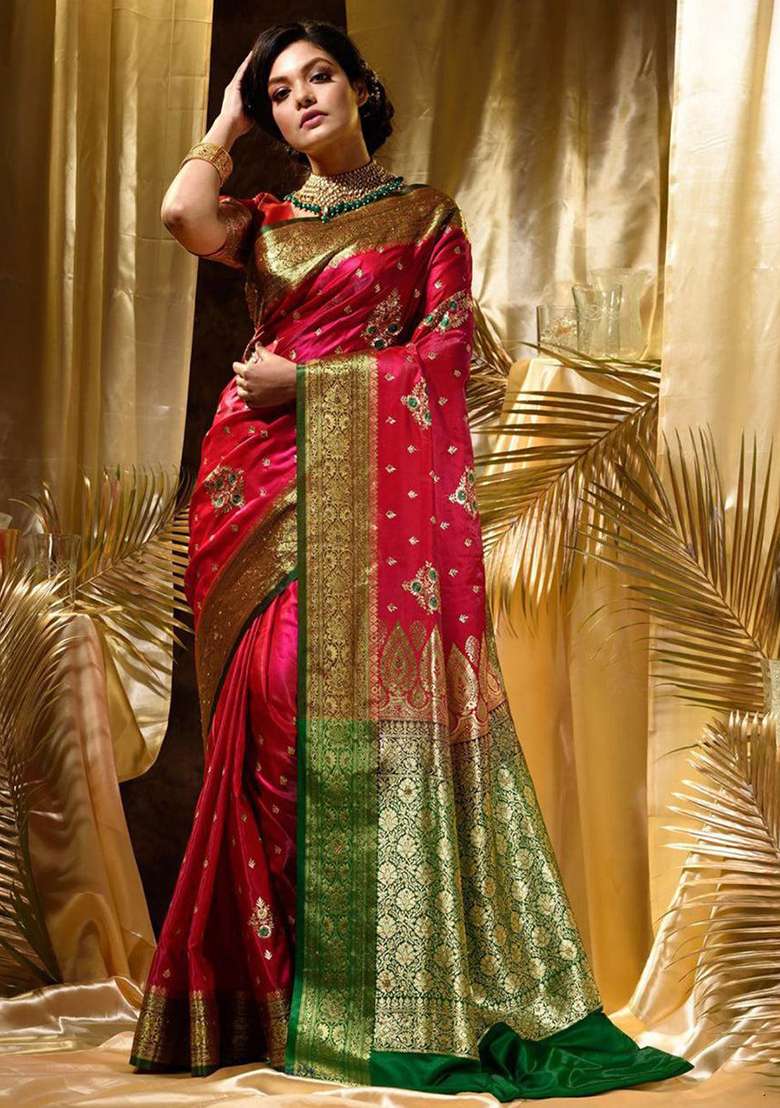 Red Embroidered Silk Blend Saree Set for Diwali and Festive Wear - Indya