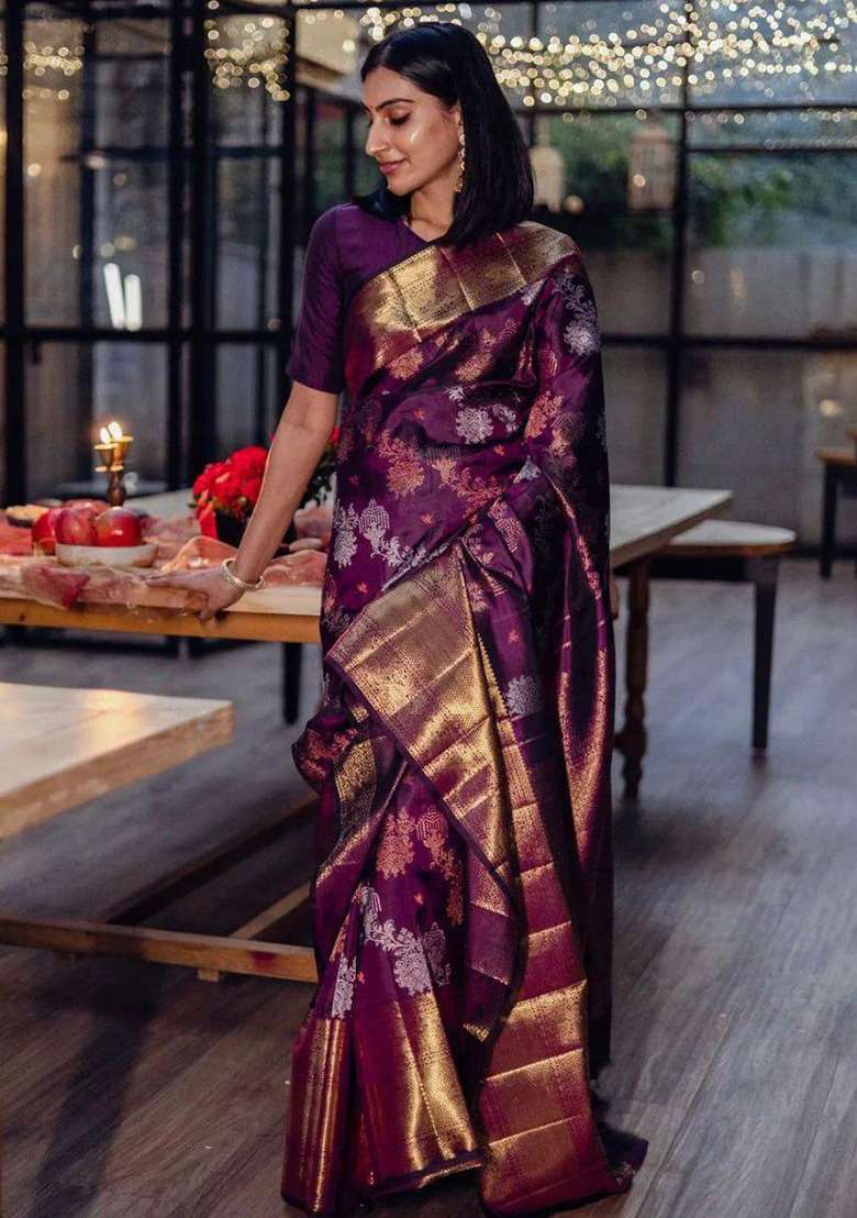 Wine Embroidered Silk Blend Saree Set for Diwali and Festive Wear - Indya