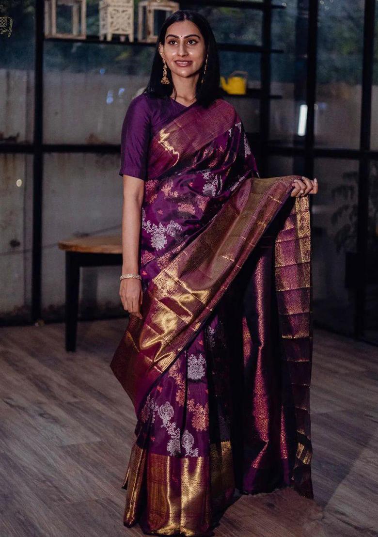 Wine Embroidered Silk Saree Set