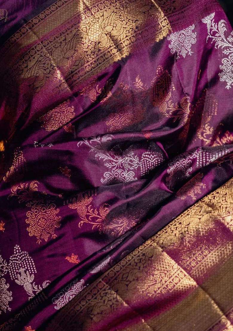 Wine Embroidered Silk Blend Saree Set for Diwali and Festive Wear - Indya