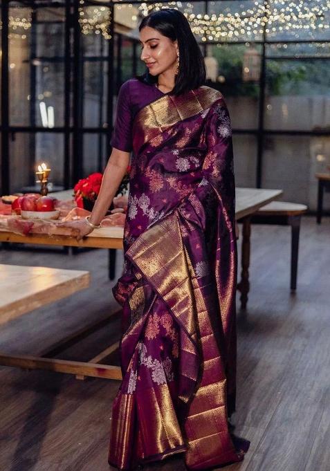 Wine Embroidered Silk Saree Set