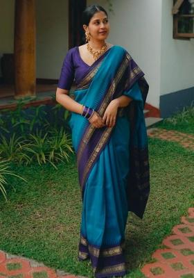 Light Blue Embroidered Silk Saree Set