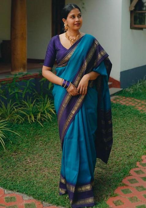 Light Blue Embroidered Silk Saree Set