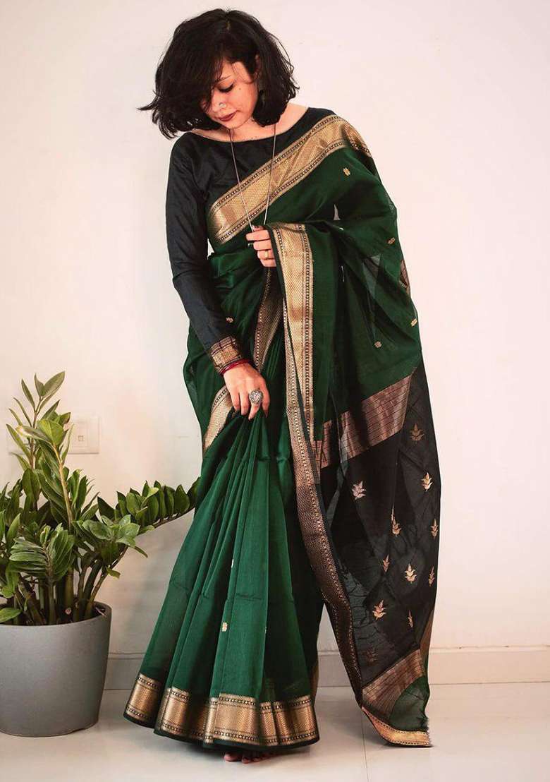 Green Cotton Saree Set with Embroidered for Diwali | Wedding & Festive Wear - Indya
