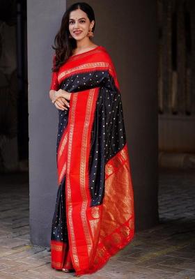 Black Embroidered Silk Saree Set