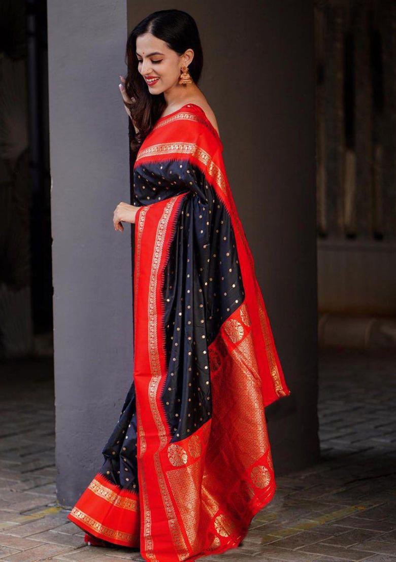 Black Embroidered Silk Saree Set