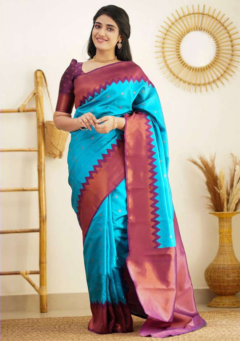 Light Blue Silk Blend Saree Set with Embroidered for Diwali | Wedding & Festive Wear - Indya