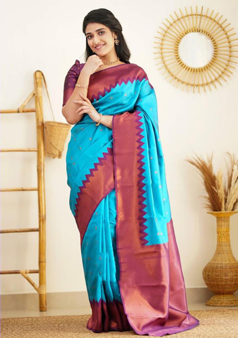 Light Blue Embroidered Silk Saree Set