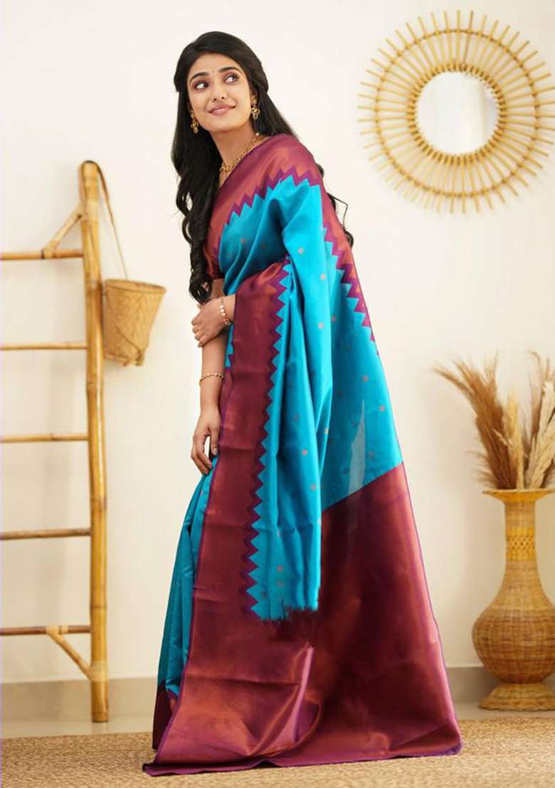 Light Blue Silk Blend Saree Set with Embroidered for Diwali | Wedding & Festive Wear - Indya