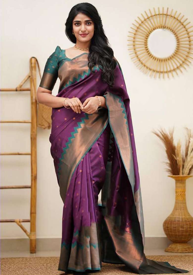 Light Blue Silk Blend Saree Set with Embroidered for Diwali | Wedding & Festive Wear - Indya