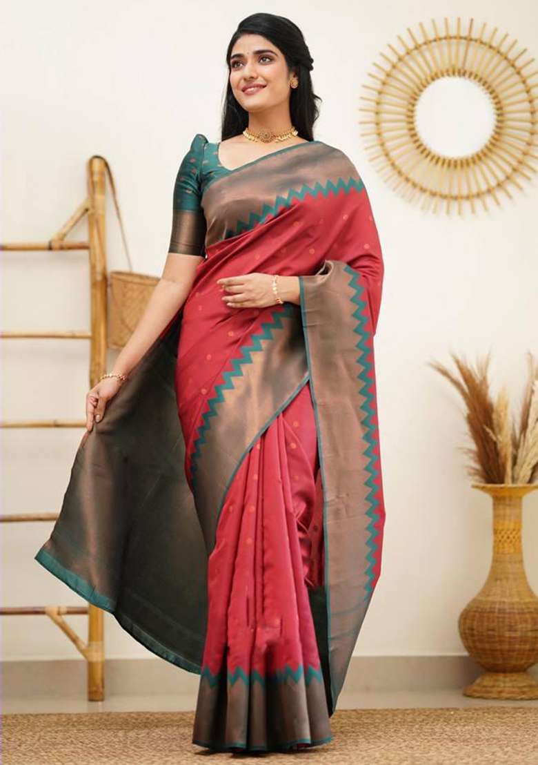 Rust Silk Blend Saree Set with Embroidered for Diwali | Wedding & Festive Wear - Indya