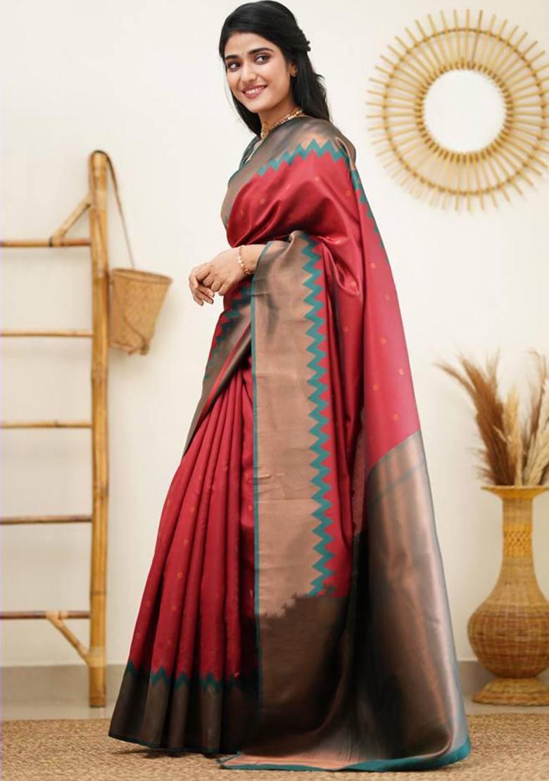 Rust Embroidered Silk Saree Set