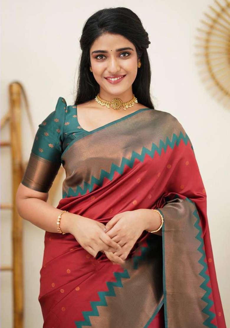 Rust Silk Blend Saree Set with Embroidered for Diwali | Wedding & Festive Wear - Indya