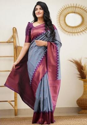 Grey Embroidered Silk Saree Set