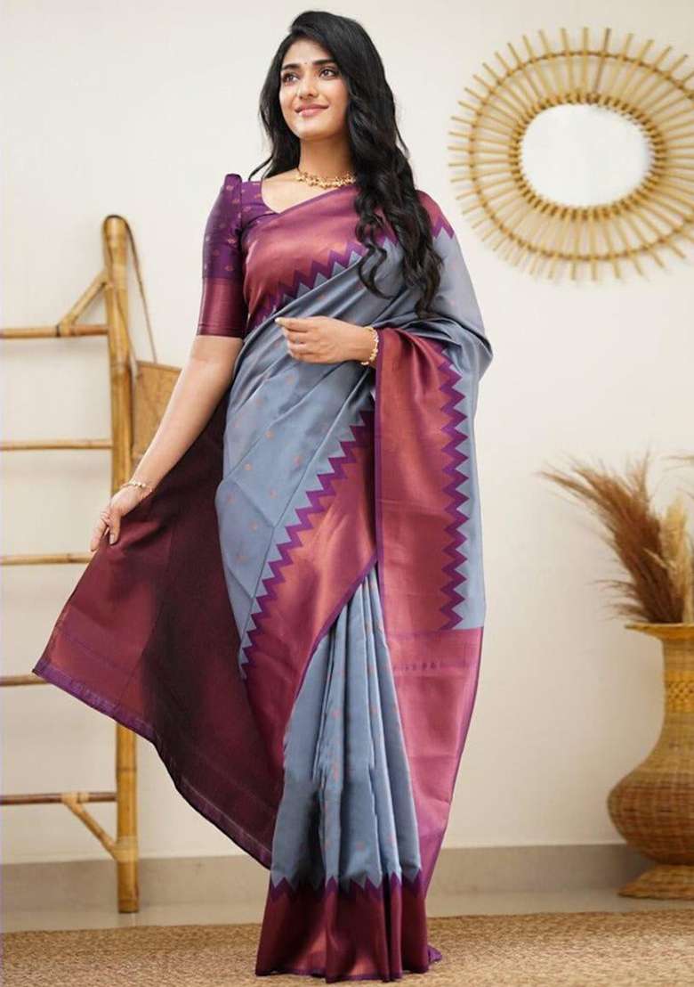 Grey Silk Blend Saree Set with Embroidered for Diwali | Wedding & Festive Wear - Indya