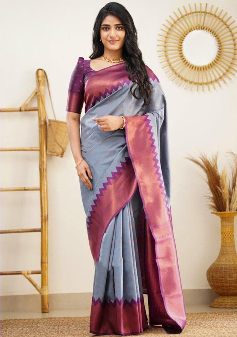 Grey Embroidered Silk Saree Set