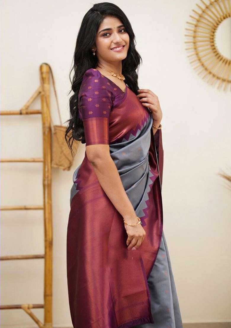 Grey Silk Blend Saree Set with Embroidered for Diwali | Wedding & Festive Wear - Indya