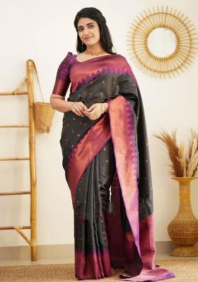 Black Embroidered Silk Saree Set