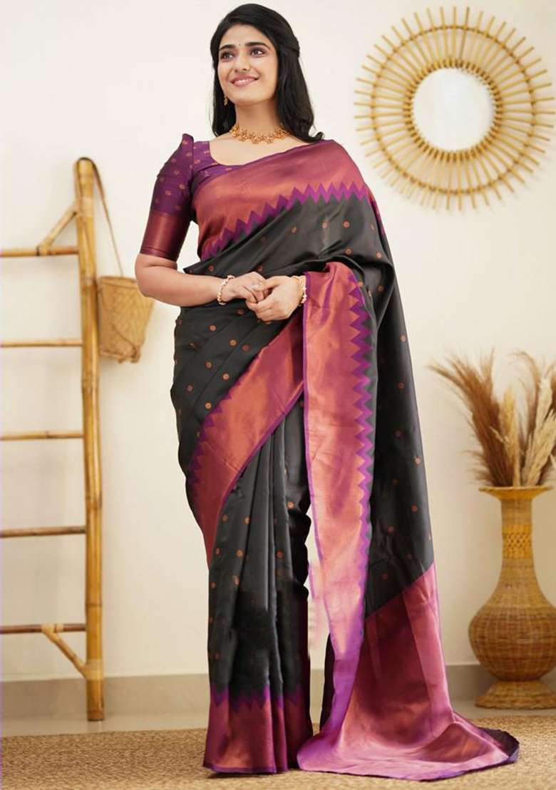 Black Embroidered Silk Blend Saree Set for Diwali and Festive Wear - Indya