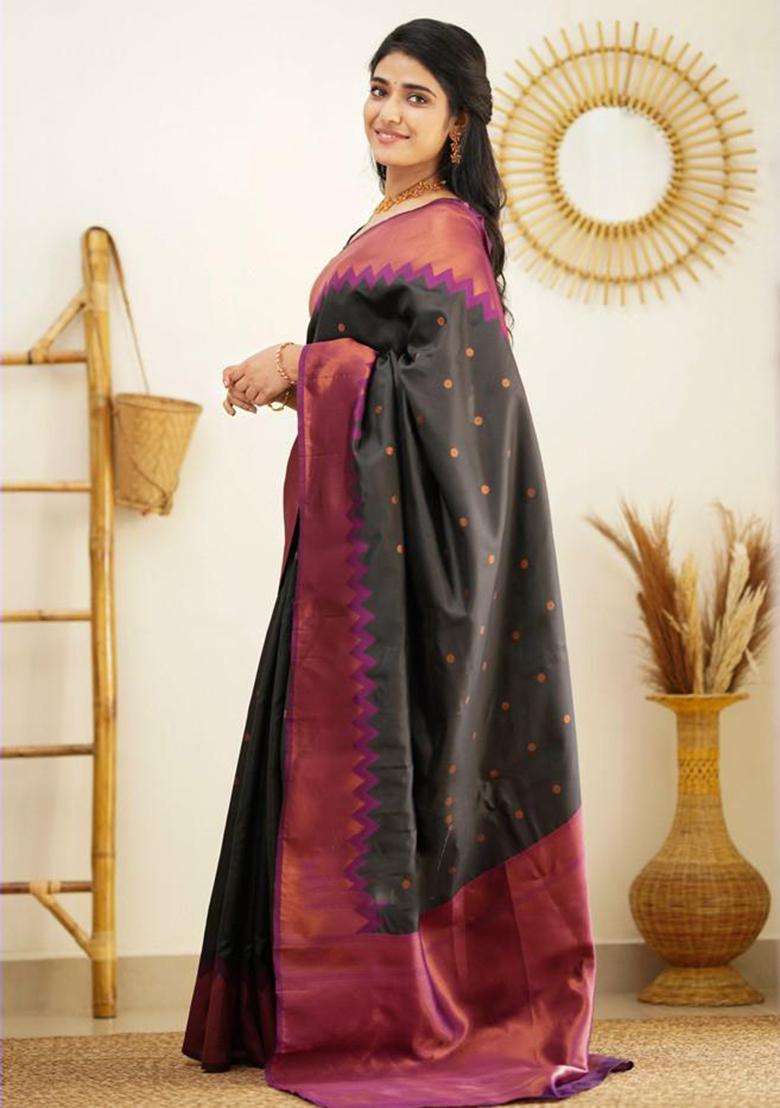 Black Embroidered Silk Saree Set