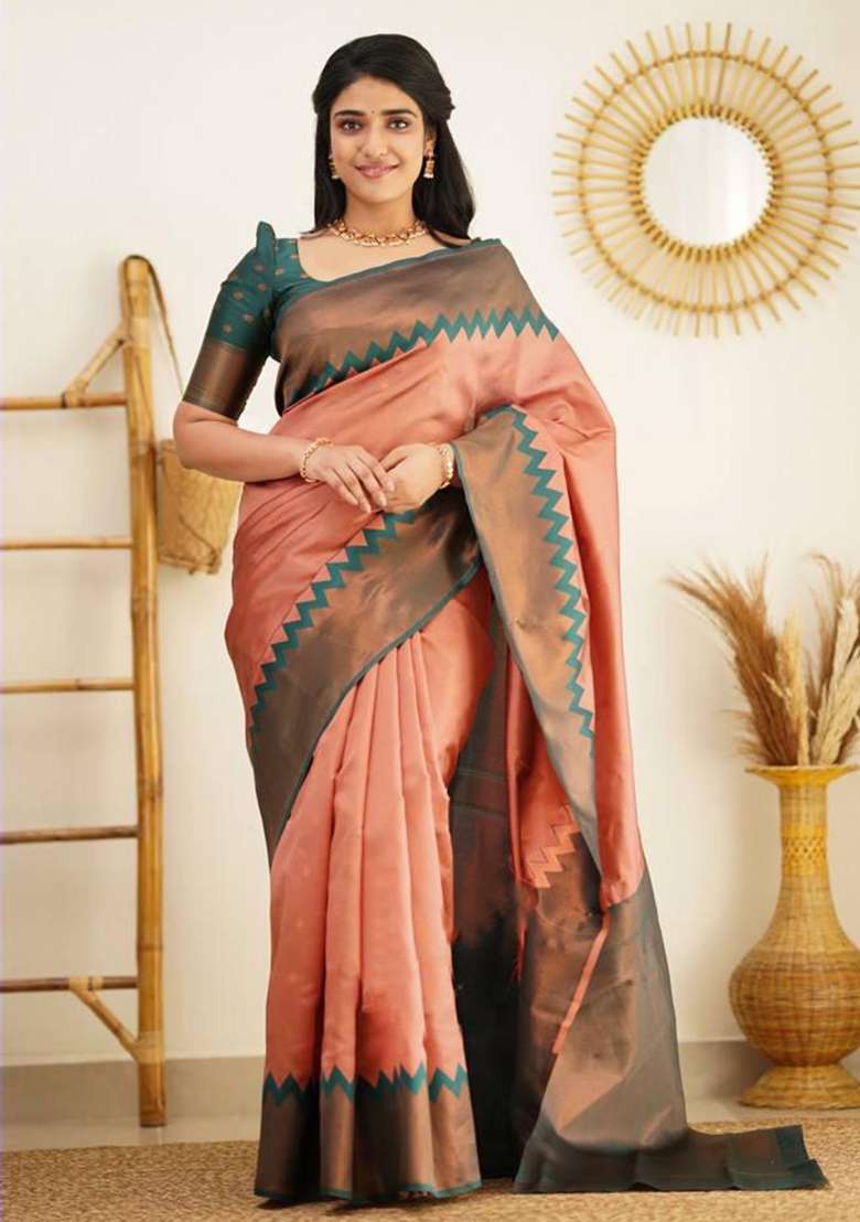 Peach Embroidered Silk Blend Saree Set for Diwali and Festive Wear - Indya
