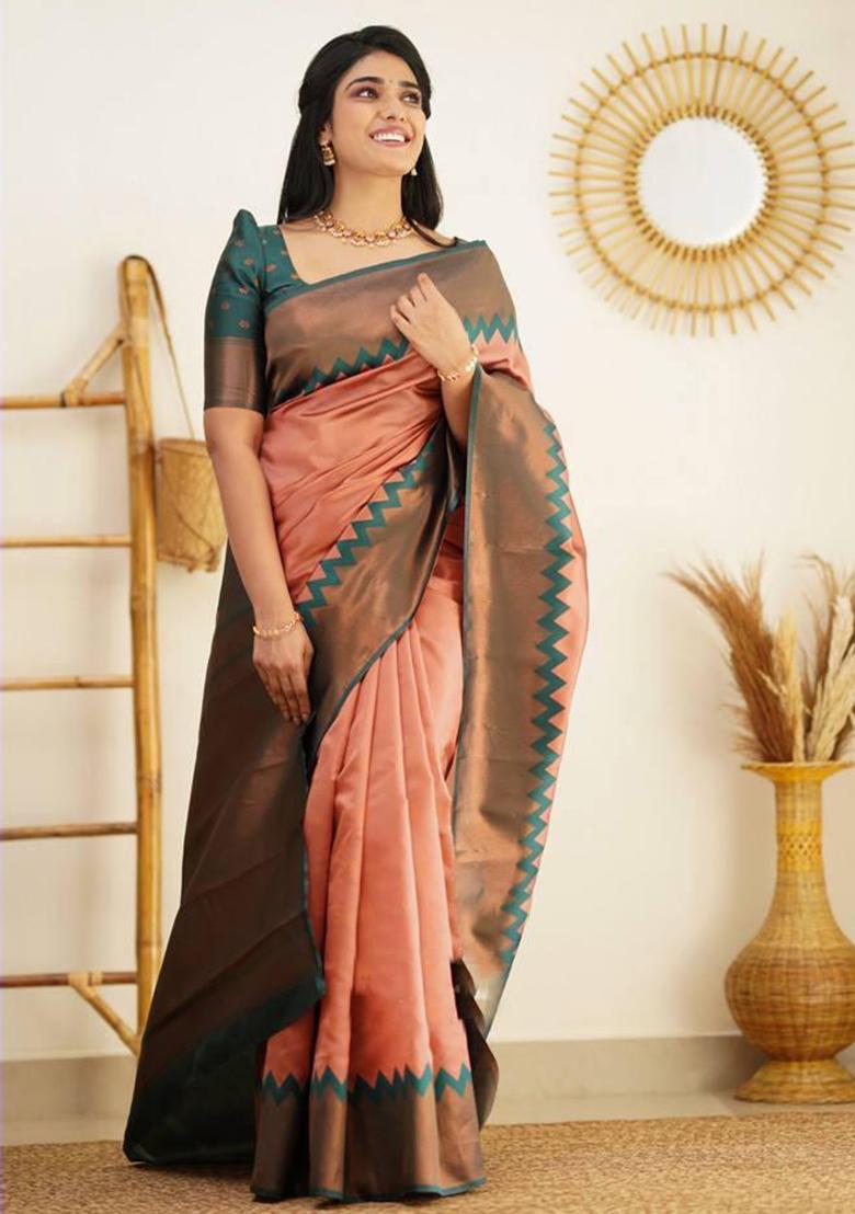 Peach Embroidered Silk Saree Set