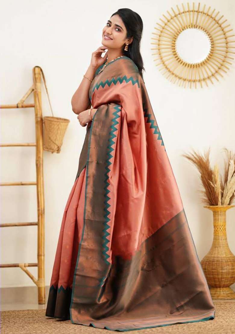 Peach Embroidered Silk Blend Saree Set for Diwali and Festive Wear - Indya