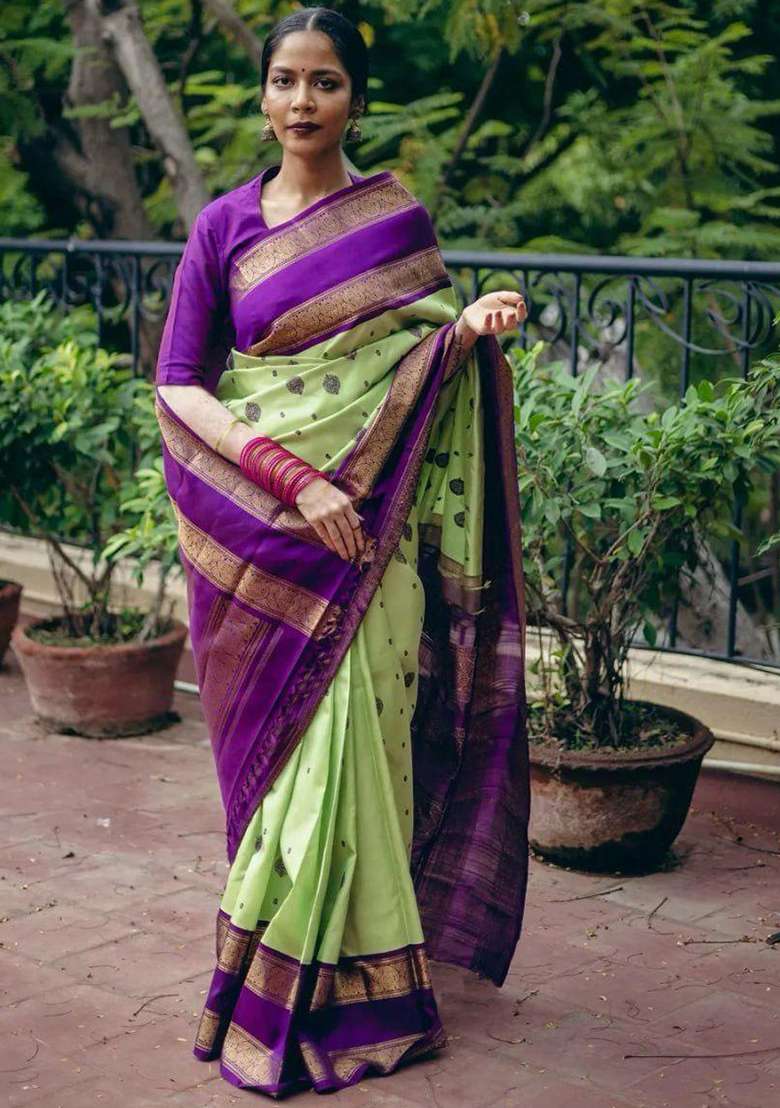 Light Green Embroidered Silk Blend Saree Set for Diwali and Festive Wear - Indya