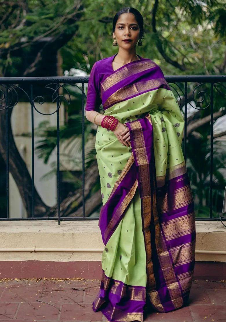 Light Green Embroidered Silk Saree Set