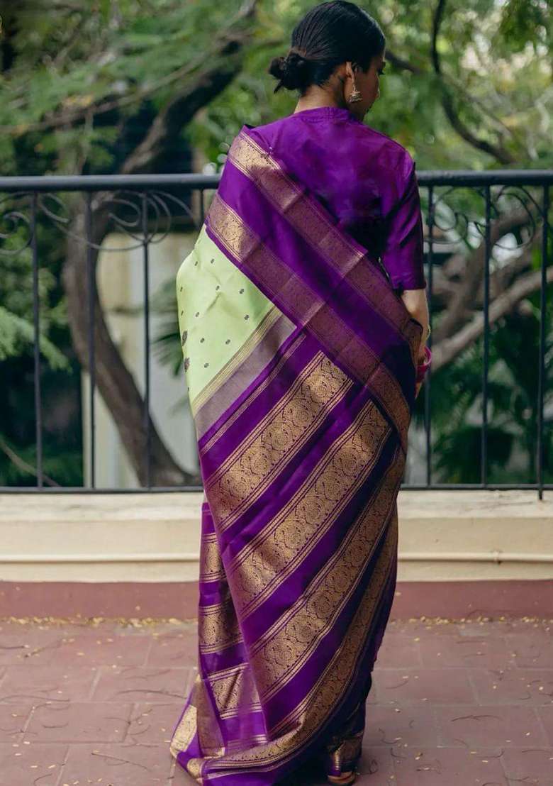 Light Green Embroidered Silk Blend Saree Set for Diwali and Festive Wear - Indya