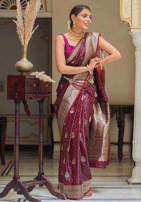 Wine Embroidered Silk Saree Set