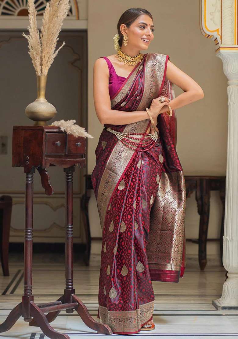 Wine Embroidered Silk Blend Saree Set for Diwali and Festive Wear - Indya