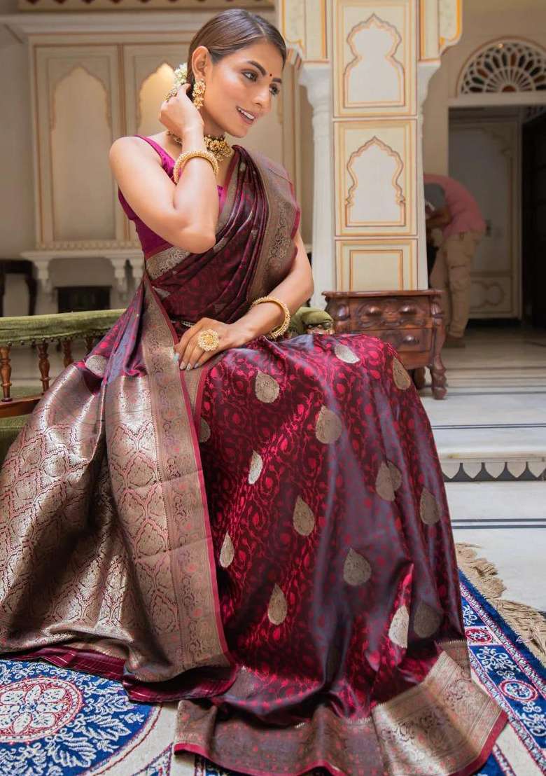 Wine Embroidered Silk Blend Saree Set for Diwali and Festive Wear - Indya