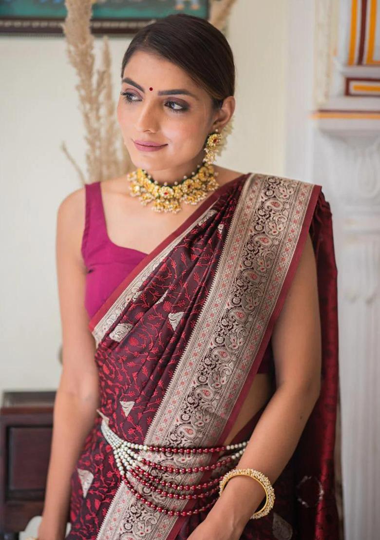 Wine Embroidered Silk Saree Set